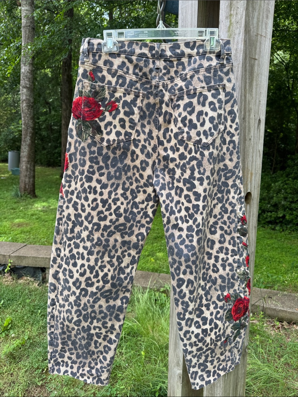 DRIFTWOOD Leopard Print Straight Leg Jeans with Red Rose Embroidery - Picture 6 of 10